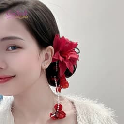 Kẹp Tóc Hoa Đỏ Tua Rua Ngọc Dài - Phụ Kiện Tóc Cổ Trang Ma Mị Phối Hán Phục, Áo Dài Sang Trọng 4