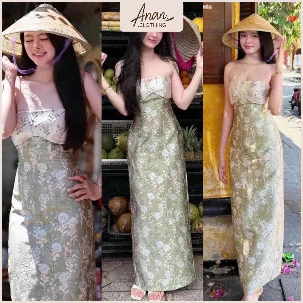 (Có mút+Dây Vai Trong) Váy Body Gấm Dài “Tiểu Thư Đài Cát” Hoạ Tiết Sang Trọng, Quyến Rũ Ananclothing