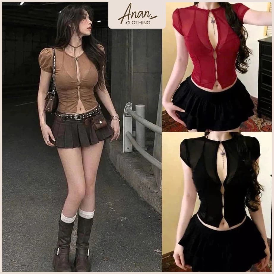 Áo Lưới Sheer Xuyên Thấu Phối Bra Phong Cách Y2K Quyến Rũ