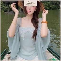 Set Áo Lụa Ren Giọt Nước Phối Áo Choàng Tơ Kèm Chân Váy Lụa Ngắn 1