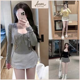 Set Áo Cardigan Croptop Dây Rút + Chân Váy Ngắn Kẻ Sọc Nữ Tính, Sexy, Dạo Phố Ananclothing 1