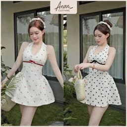 Đầm Cổ Yếm Viền Nơ Ren Ruy Băng Dáng Ngắn Bo Eo Dễ Thương 1