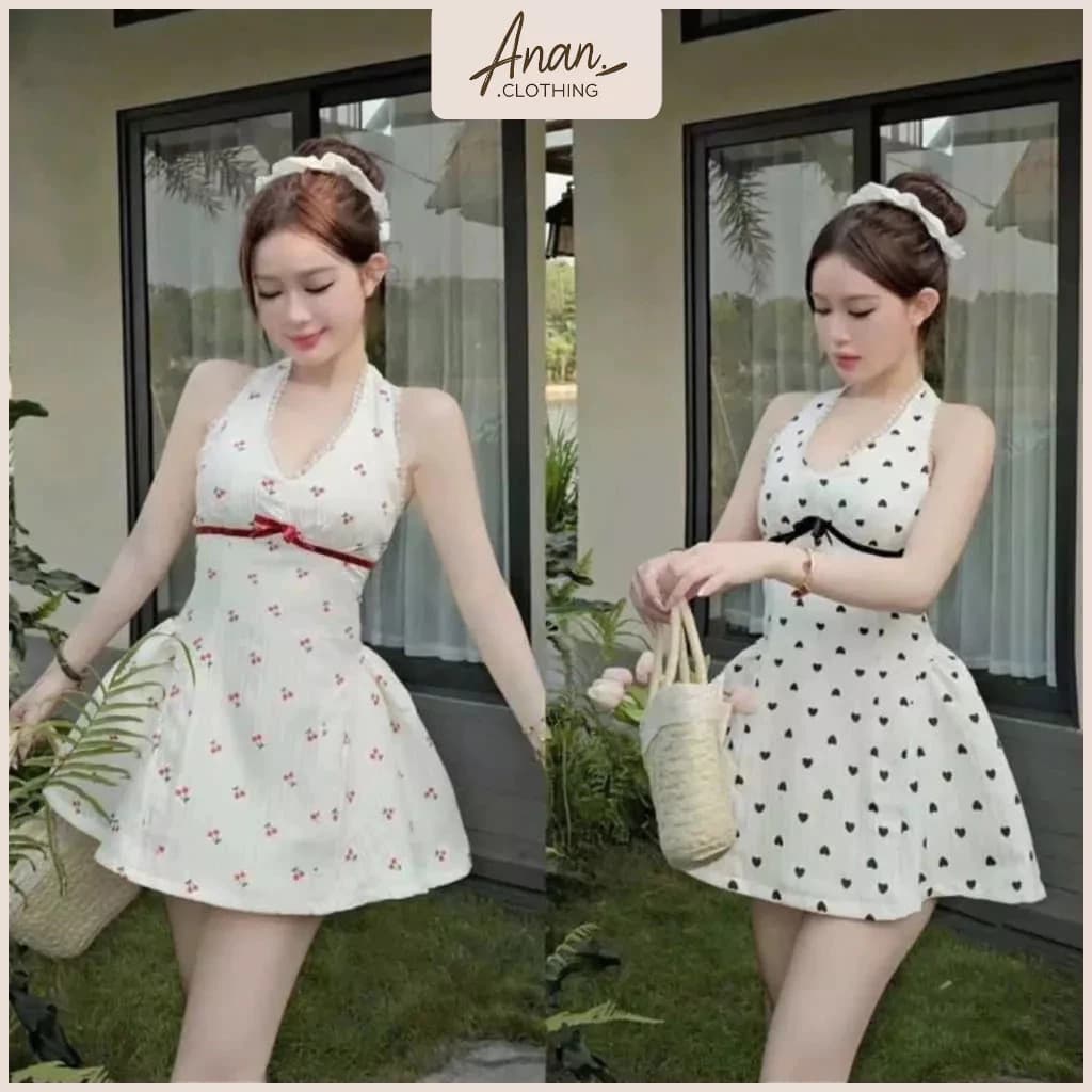 Đầm Cổ Yếm Viền Nơ Ren Ruy Băng Dáng Ngắn Bo Eo Dễ Thương