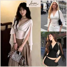 Áo Cổ Tim Tay Cánh Tiên Rũ Cách Điệu, Áo Ôm Eo Dáng Lơi Thanh Lịch 1
