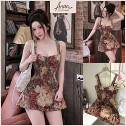 (Hàng 2 Lớp) Đầm Nữ 2 Dây Hoa Vintage Dáng Chữ A Ôm Eo Tôn Dáng, Đầm Ngắn Cổ Vuông Thời Trang Nữ 1