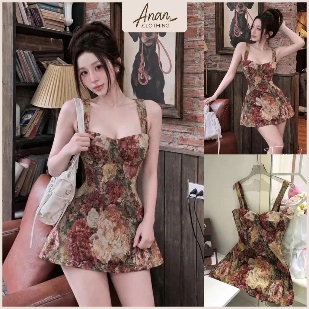 (Hàng 2 Lớp) Đầm Nữ 2 Dây Hoa Vintage Dáng Chữ A Ôm Eo Tôn Dáng, Đầm Ngắn Cổ Vuông Thời Trang Nữ