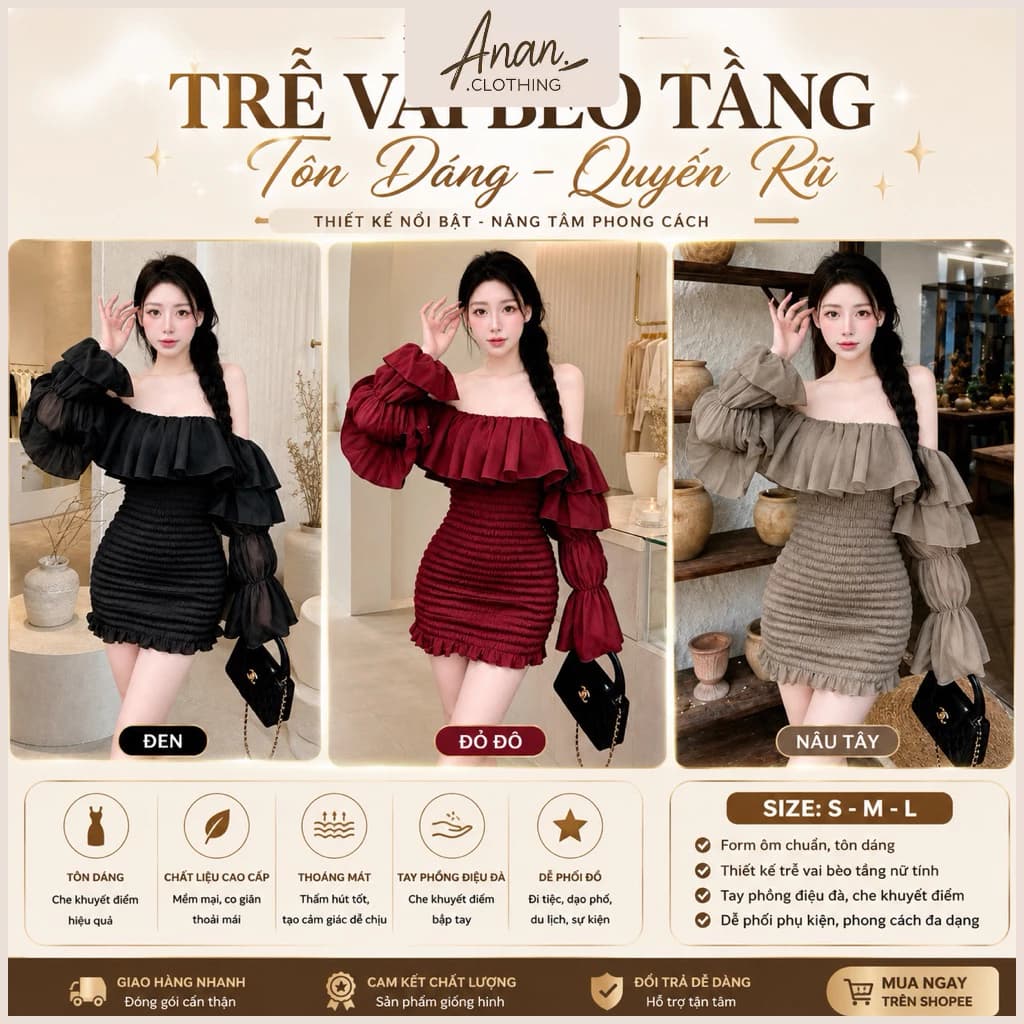Váy Trễ Vai Tay Dài Bèo Tầng Chun Nhún Ôm Dáng Hottrend Anan.clothing4