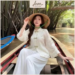 Đồ Lam Đi Chùa Nữ Chất Tơ Thêu Trúc, Áo Hai Lớp Phối Quần Satin Mặc Tết 1