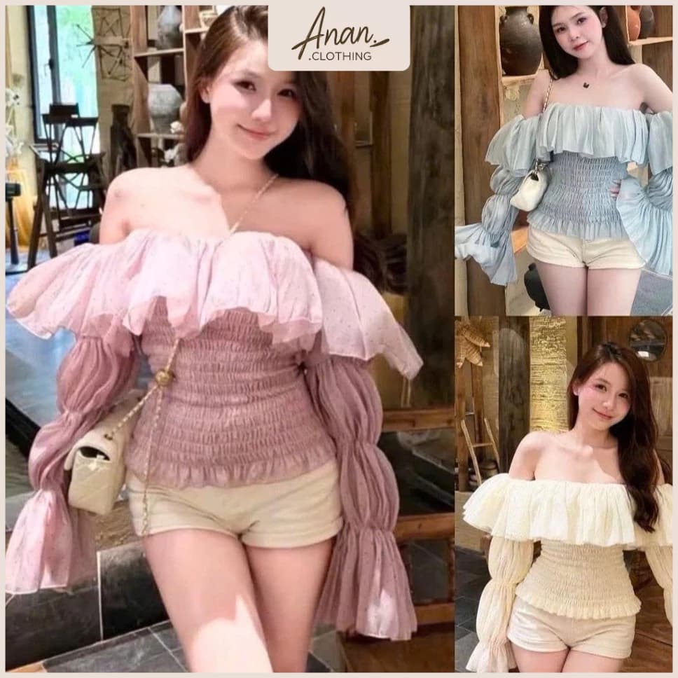 Áo Trễ Vai Nữ Tay Dài Nhún Bèo Kiểu Hàn Quốc, Áo Bo Chun Eo Dáng Croptop Thời Trang Nữ Ananclothing