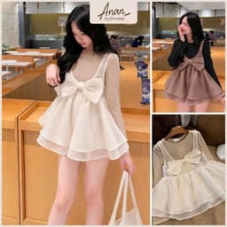 Set Áo Thun Giấy Dài Tay Phối Áo Babydoll Tơ Nơ Lớn Thu Đông 1