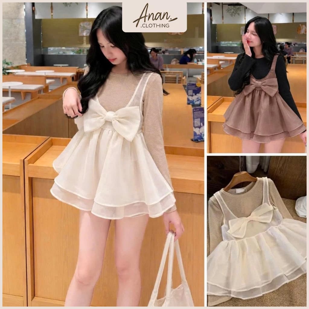 Set Áo Thun Giấy Dài Tay Phối Áo Babydoll Tơ Nơ Lớn Thu Đông