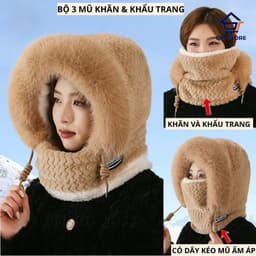 Mũ Len Nam Nữ Kèm Khăn Quàng Cổ Và Khẩu Trang Lót Nỉ Thời Trang Giữ Ấm Chống Lạnh 🍀🍀🍀 QM-STORE 7