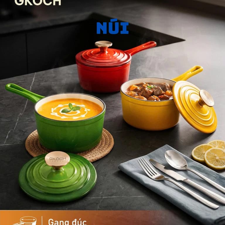 Nồi Quánh Gang GKOCH SP14A Size 14cm, Phủ Men Gốm Ceramic, Nấu Cháo Súp Làm Sốt Kho, Phù hợp mọi loại bếp