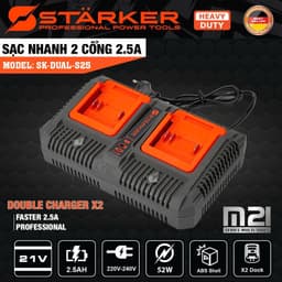 Sạc nhanh 2 cổng Starker 2.5A , Chân pin phổ thông 4cm, Có chip bảo vệ dòng điện, Điện áp 21v 1