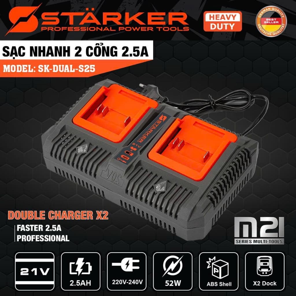 Sạc nhanh 2 cổng Starker 2.5A , Chân pin phổ thông 4cm, Có chip bảo vệ dòng điện, Điện áp 21v