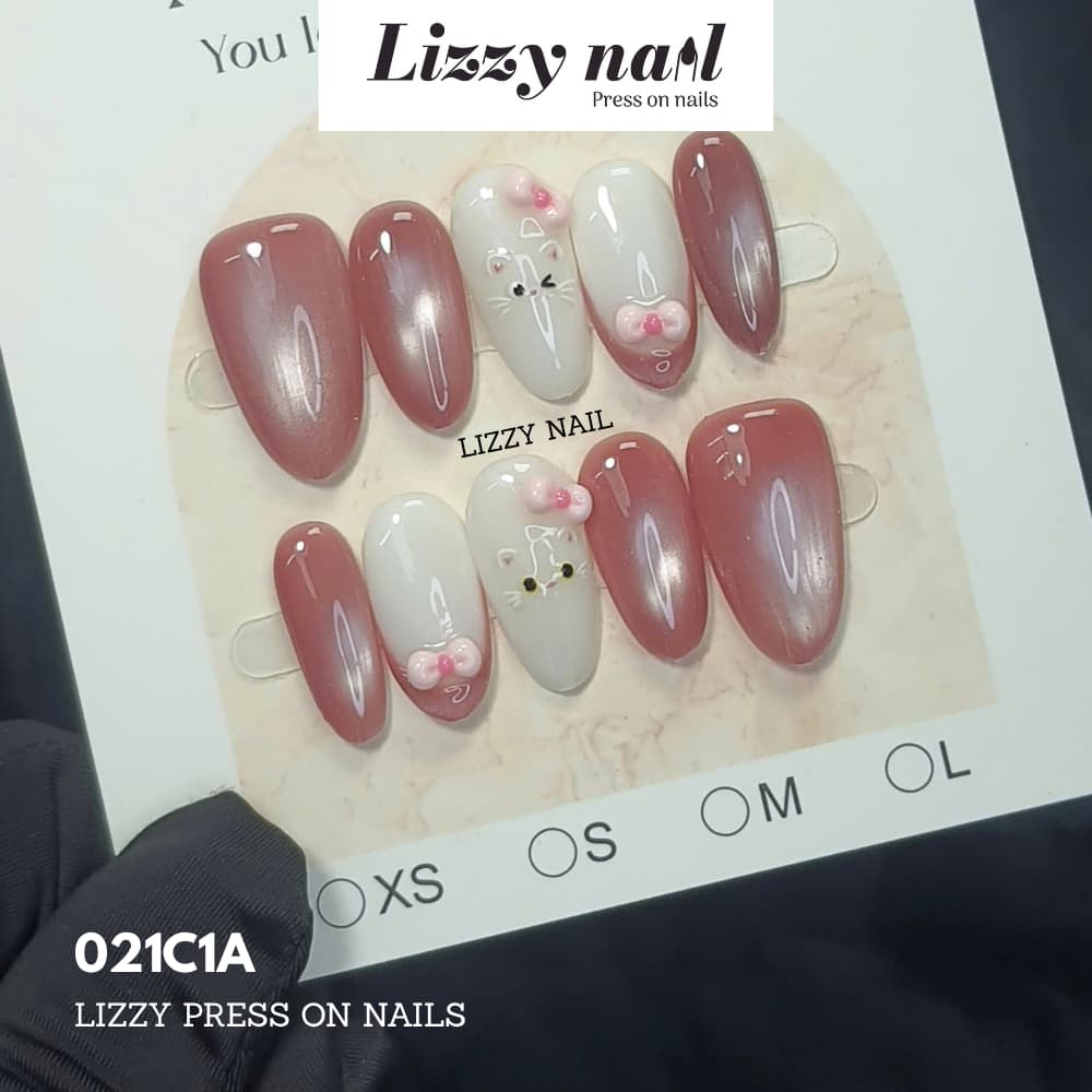 Lizzy Nail 021 | Nailbox Móng Úp Mèo Dễ Thương  | Set 10 Móng Giả Press On Nails Dự Tiệc, Đám Cưới, Kỷ Yếu