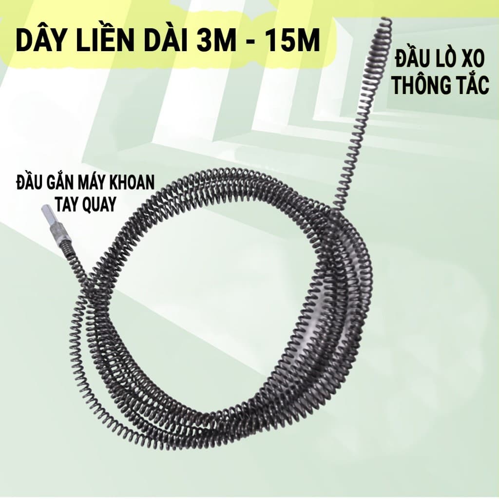Dây liên dài 5m - 10m với đầu lò xo thông tắc và đầu gắn máy khoan tay quay