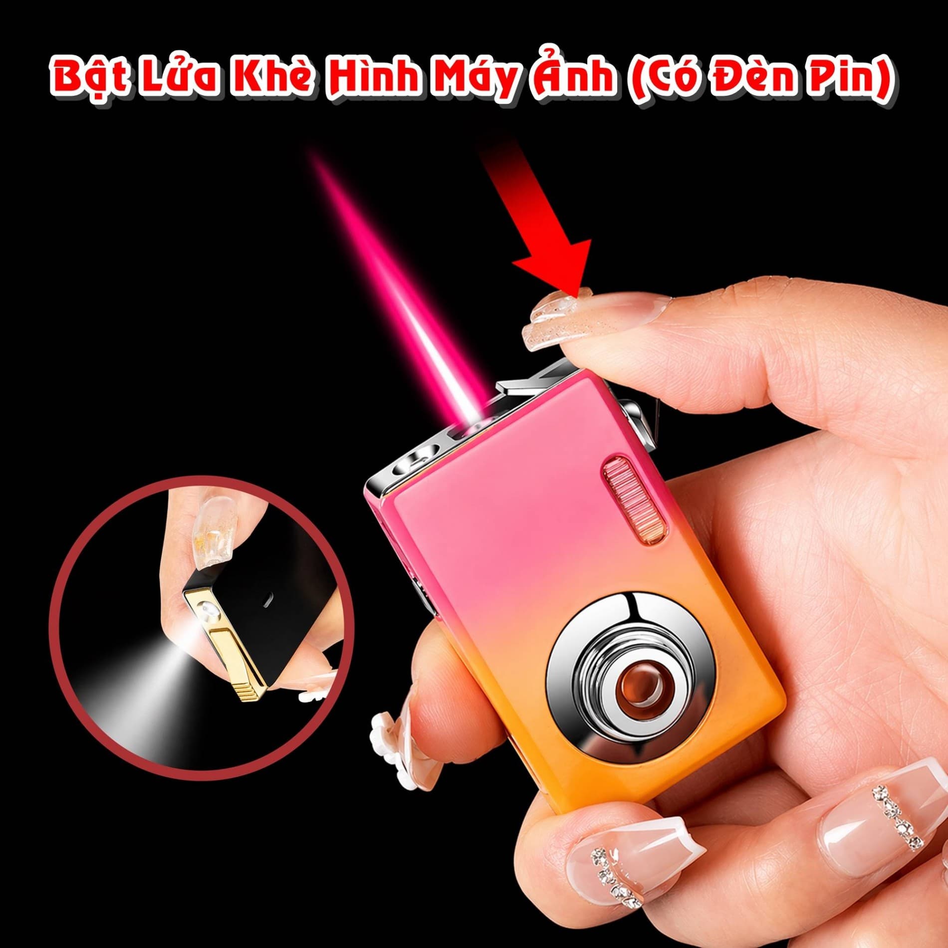 HCM Bật Lửa Khè Xài Gas Hình Máy Ảnh KTS Có Đèn Pin