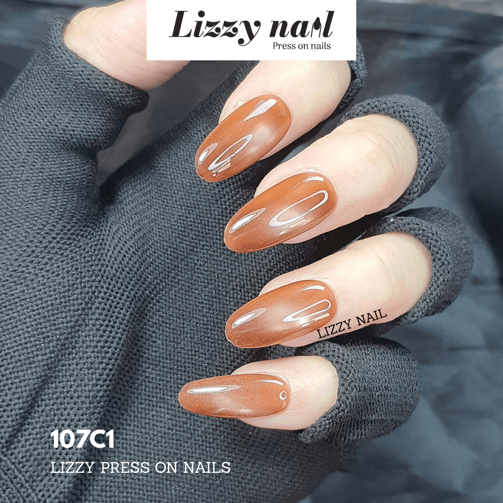 Lizzy Nail 107 | Nailbox Móng Úp Mắt Mèo Nâu | Set 10 Móng Giả Press On Nails Dự Tiệc, Đám Cưới, Kỷ Yếu