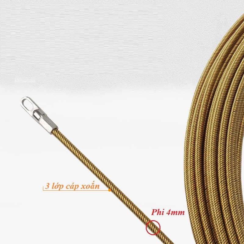 Dây mồi luồn cáp điện lò xo vàng 4mm, ống gen điện, chiều dài từ 5M đến 15M.
