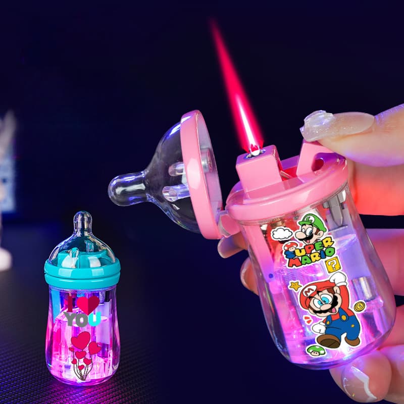 [HCM] Bật Lửa Gas Khè Hình Bình Sữa Có Đèn Led Nhấp Nháy Nhiều Màu