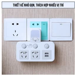 Ổ cắm đa năng với đèn LED tích hợp, ba ổ cắm, ba công tắc, thiết kế trắng hiện đại, phù hợp cho gia đình và văn phòng. 4