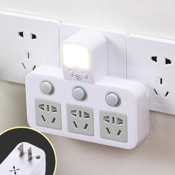 Ổ cắm đa năng với đèn LED tích hợp, ba ổ cắm, ba công tắc, thiết kế trắng hiện đại, phù hợp cho gia đình và văn phòng.