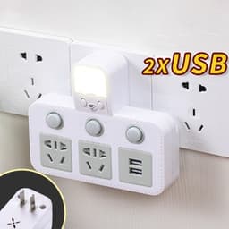 Ổ cắm đa năng với đèn LED tích hợp, ba ổ cắm, ba công tắc, thiết kế trắng hiện đại, phù hợp cho gia đình và văn phòng. 2