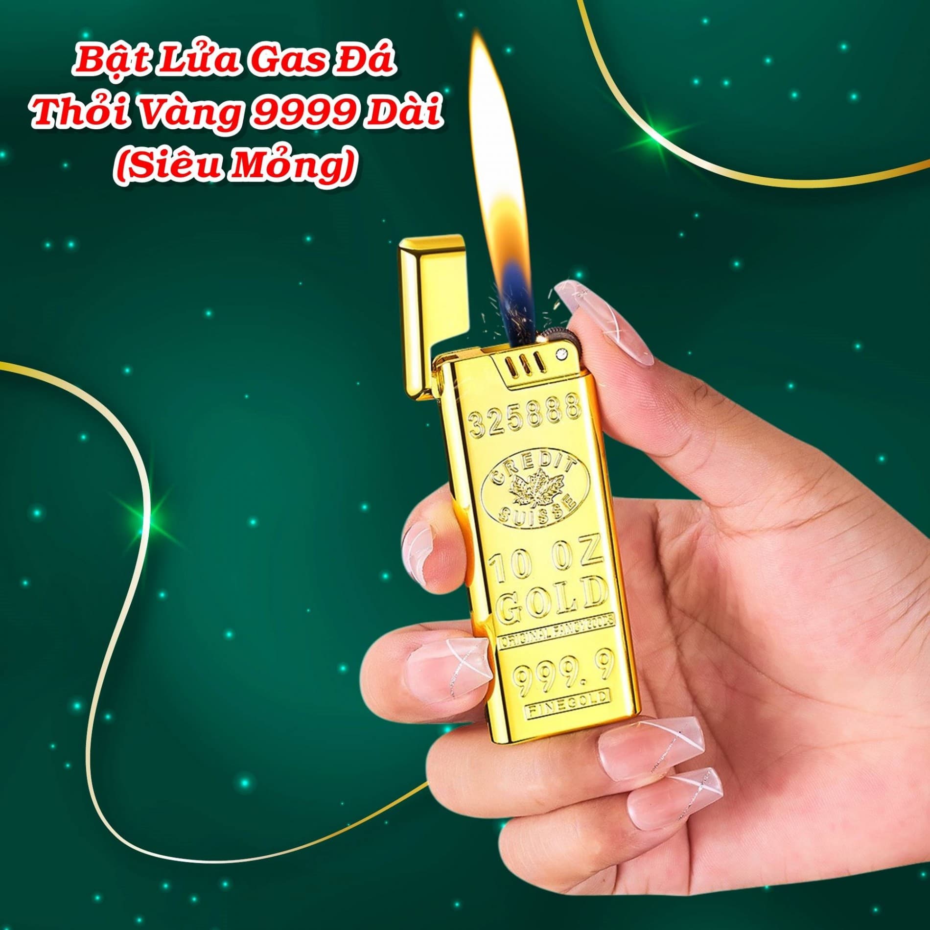 HCM Bật Lửa Gas Đá Hình Thỏi Vàng 9999 Dài Mỏng