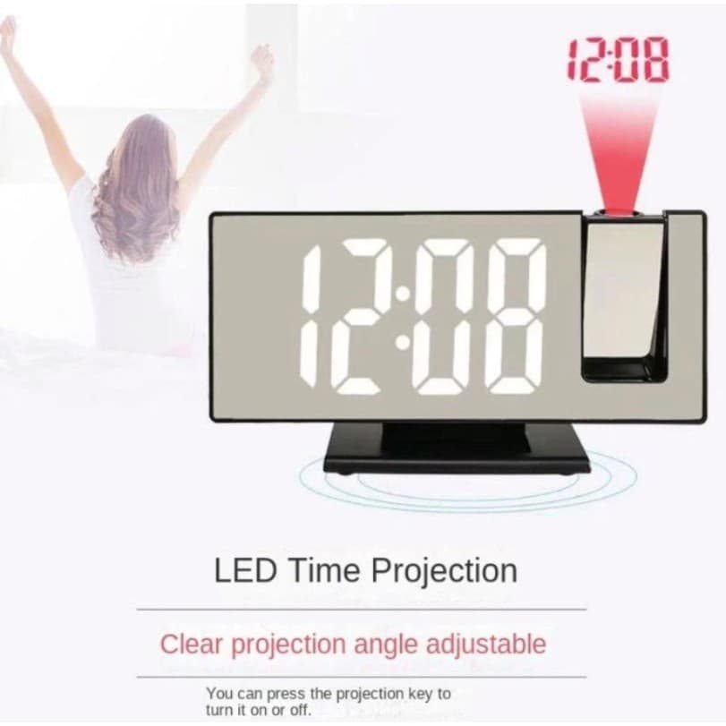 Đồng hồ LED chiếu thời gian 12:08 với góc chiếu rõ ràng điều chỉnh được.