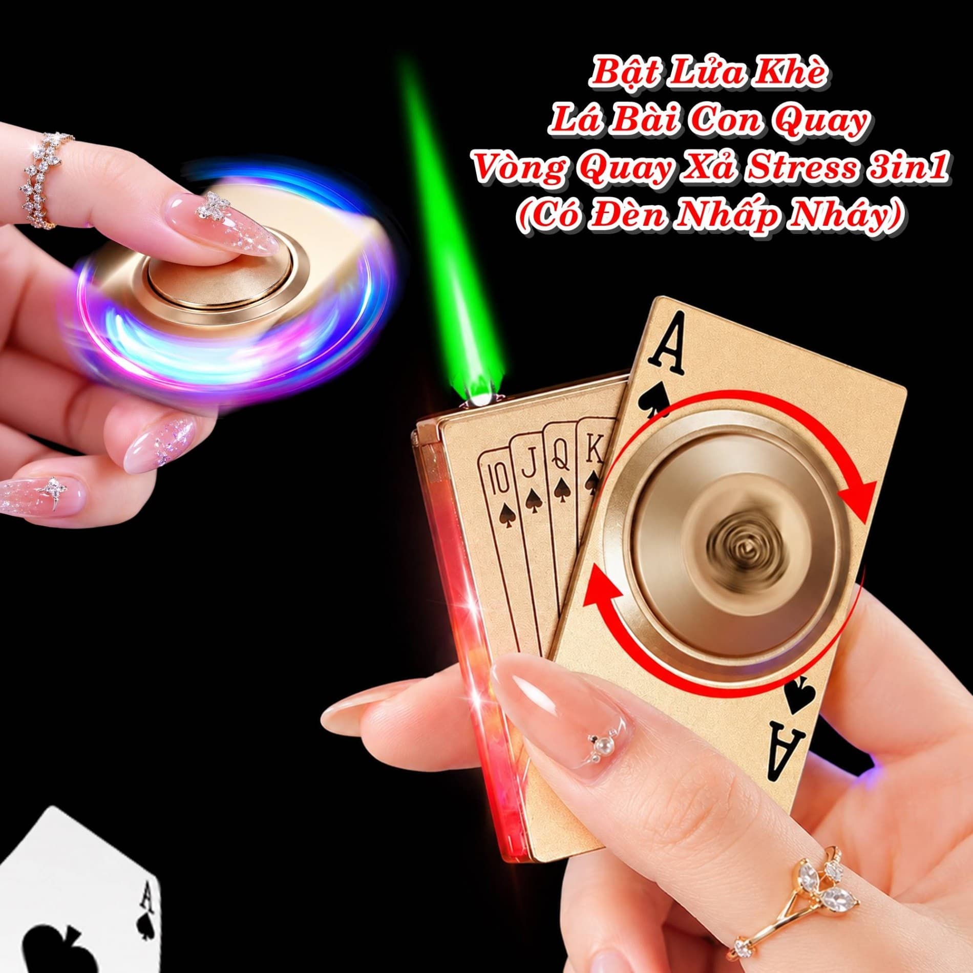HCM Bật Lửa Khè Xài Gas Hình Lá Bài Vòng Quay Có Đèn Led Nhấp Nháy