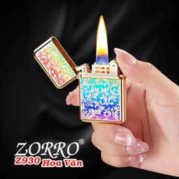 bật lửa xăng đá zorro Z930 hình hoa văn sơn màu dập nổi 2 mặt - xài gas 3