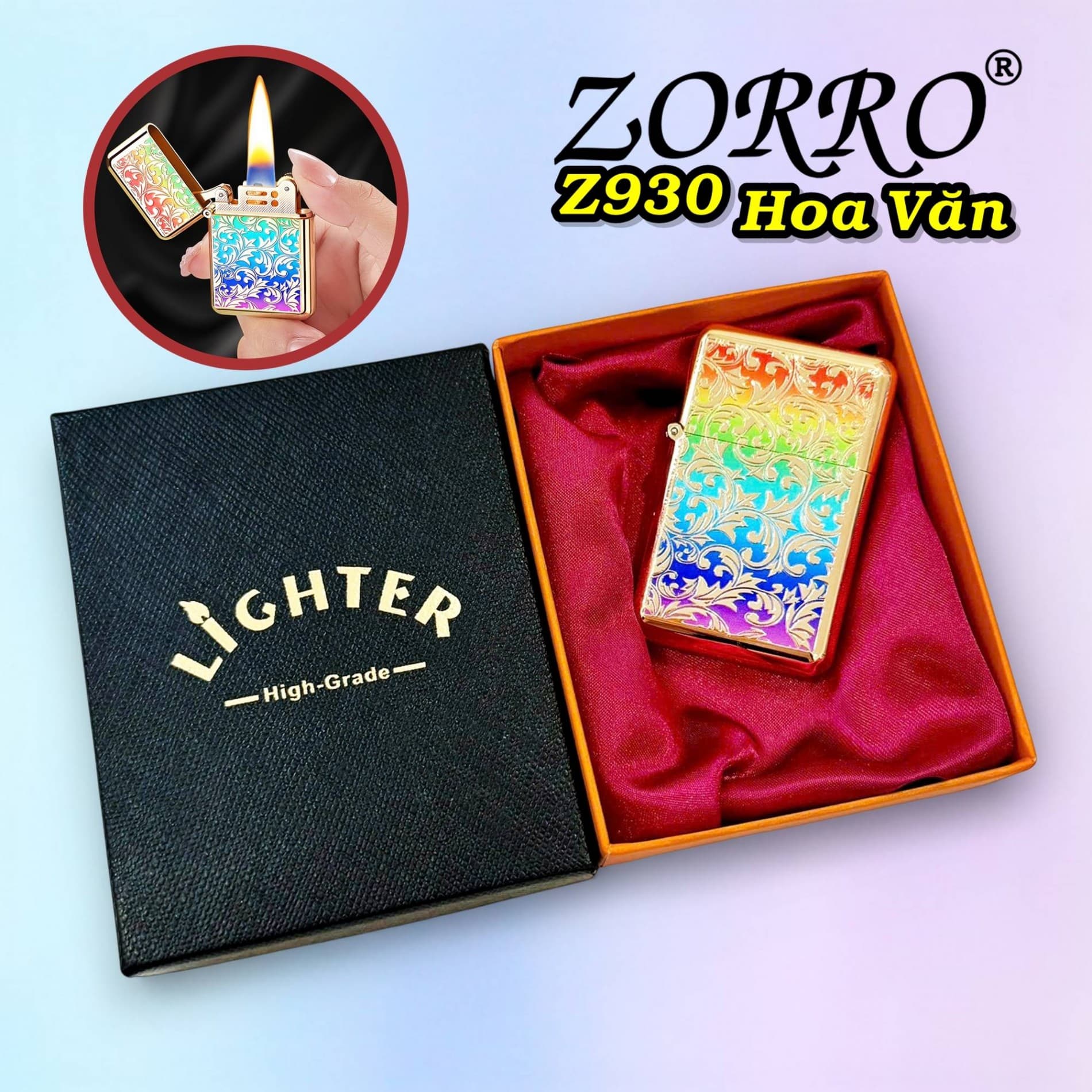 bật lửa xăng đá zorro Z930 hình hoa văn sơn màu dập nổi 2 mặt - xài gas