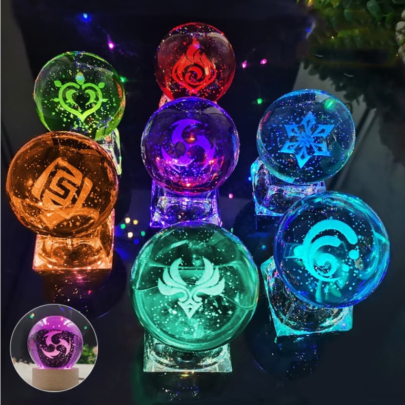 Đèn Ngủ Hình Cầu Pha Lê VISION GENSHIN IMPACT 3D đèn LED đế gỗ, thủy tinh game anime chibi quà sinh nhật
