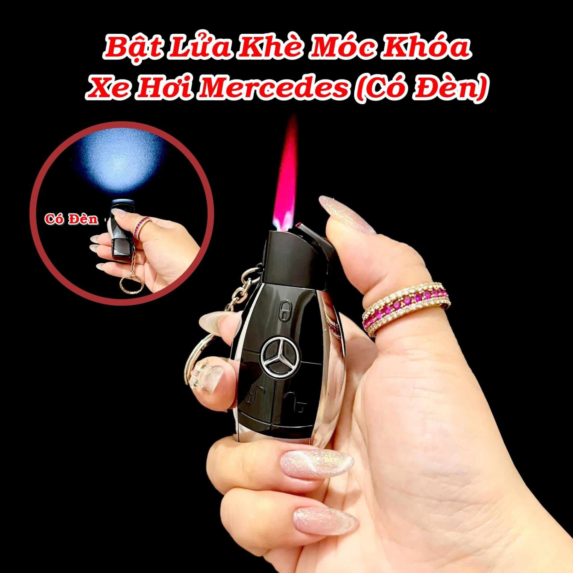 HCM Bật Lửa Khè Xài Gas Móc Khóa Xe Hơi Mercedes Có Đèn Pin
