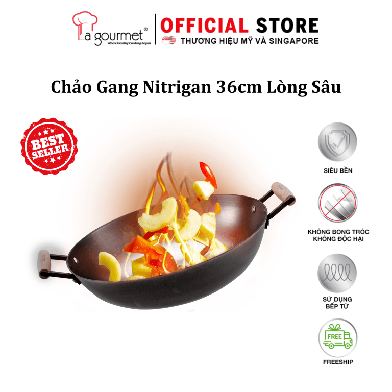 Chảo gang Nitrigan La gourmet đúc nguyên khối 36cm, chống dính tự nhiên, sử dụng được bếp từ, an toàn sức khỏe - 347671